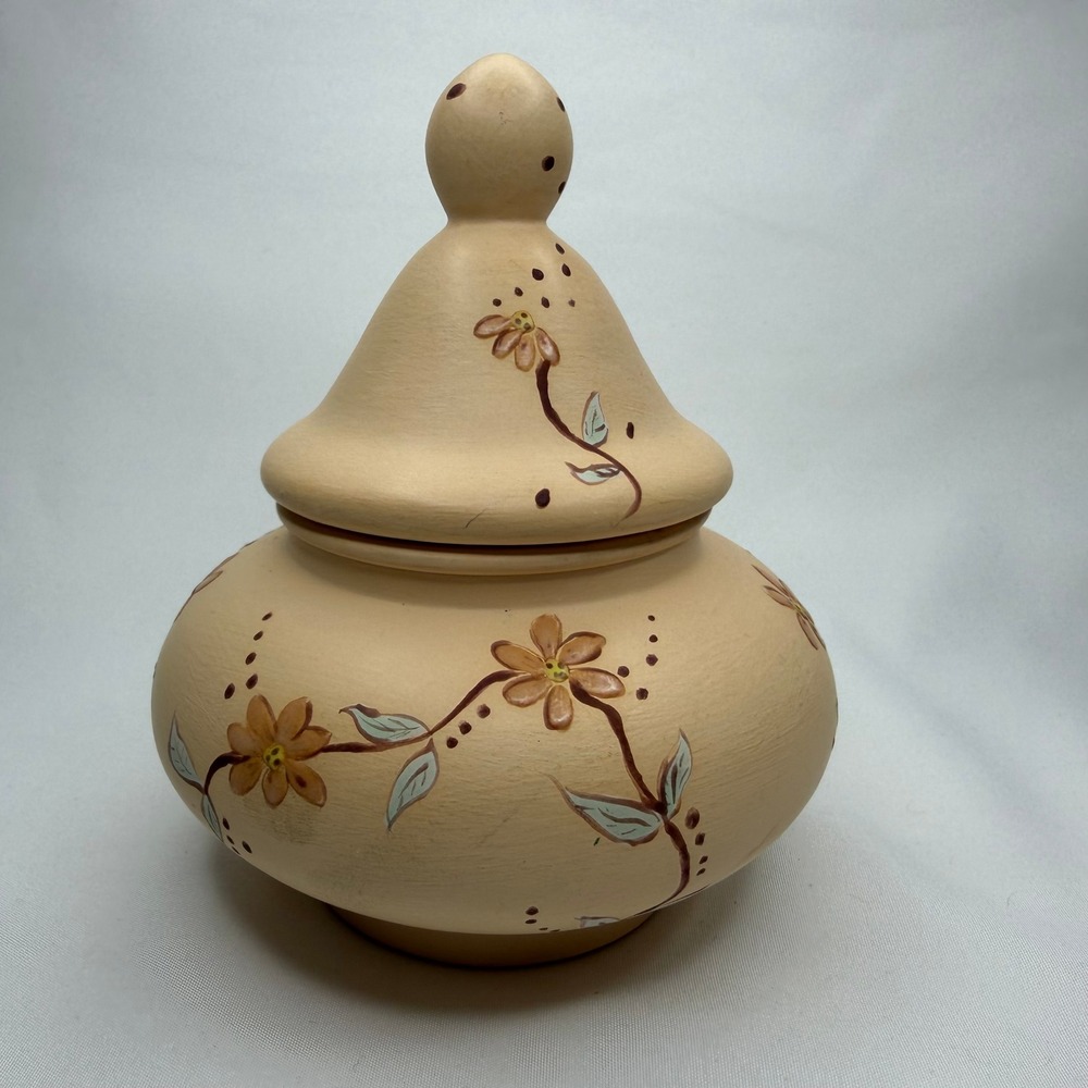 Vintage Studio Art Pottery Lidded Jar Canister Handpainted Floral Terracotta